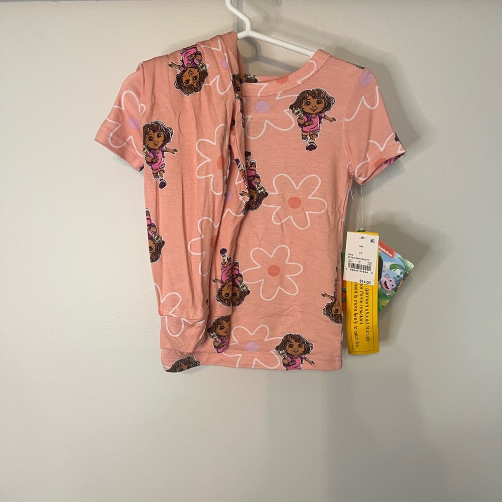 NWT Dora The Explorer Toddler Girls Pajama Set Size 2T Pink Floral Snug Fit PJs
